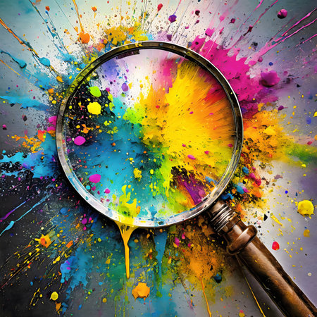 Magnification, zoom and search theme showing a magnifying glass in multicolored vibrant splashy ambiance. AI generated image with lots of paint splashes, splatters and spotsの素材