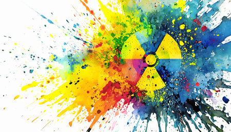 Health risk theme showing an ionizing radiation symbol in multicolored vibrant splashy ambiance. AI generated image with lots of paint splashes, splatters and spotsの素材