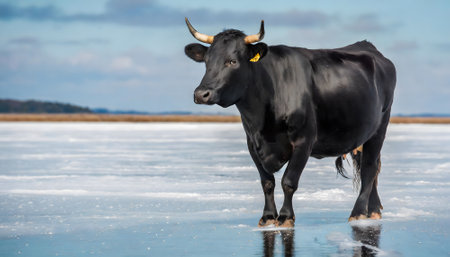 Outdoor scenery showing a cow on ice, based on the proverb "Get the cow off the ice" which means solving a tricky situation.の素材