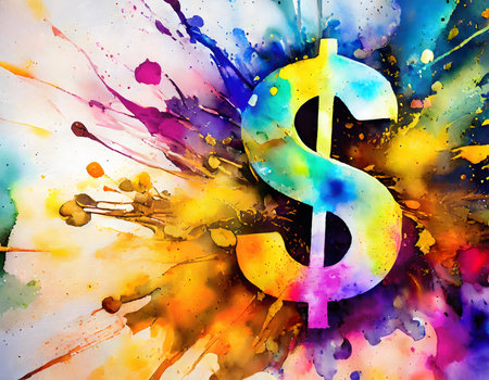 Financial theme showing a dollar symbol in multicolored vibrant splashy ambiance. AI generated image with lots of paint splashes, splatters and spotsの素材