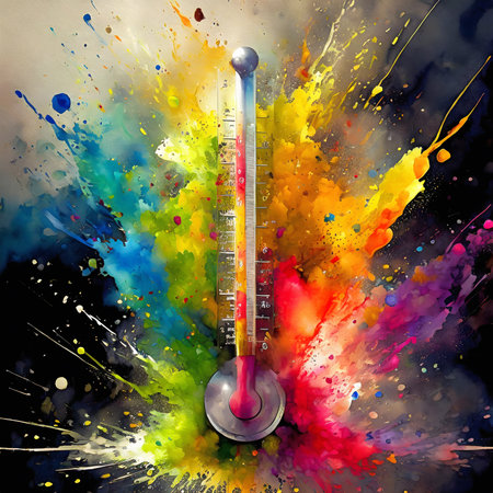 Temperature and measurement theme showing a thermometer in multicolored vibrant splashy ambiance. AI generated image with lots of paint splashes, splatters and spotsの素材