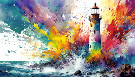 Navigational aid theme showing lighthouse in multicolored vibrant splashy ambiance. AI generated image with lots of paint splashes, splatters and spotsの素材