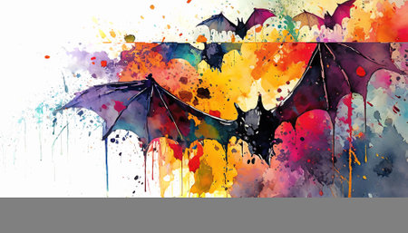 Animal and Halloween theme showing flying bats in multicolored vibrant splashy ambiance. AI generated image with lots of paint splashes, splatters and spotsの素材
