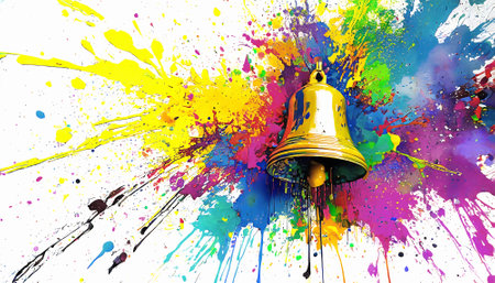 Alert and sound theme showing a bell in multicolored vibrant splashy ambiance. AI generated image with lots of paint splashes, splatters and spotsの素材