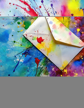 Messaging and conversation theme showing an envelope in multicolored vibrant splashy ambiance. AI generated image with lots of paint splashes, splatters and spotsの素材