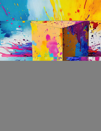 Storage and transportation theme showing a cardboard box in multicolored vibrant splashy ambiance. AI generated image with lots of paint splashes, splatter and spotsの素材