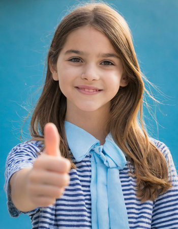 Smiling girl with blue shirt signaling thumb up (AI generated image)の素材