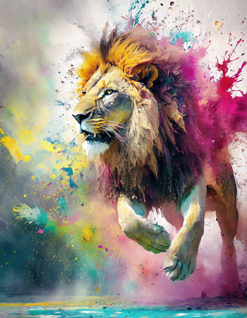 Animal and power theme showing a male jumping lion in multicolored vibrant splashy ambiance. AI generated image with lots of paint splashes, splatter and spotsの素材