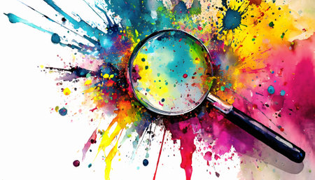 Magnification, zoom and search theme showing a magnifying glass in multicolored vibrant splashy ambiance. AI generated image with lots of paint splashes, splatters and spotsの素材