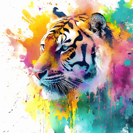 Wildlife and power theme showing a tiger head in multicolored vibrant splashy ambiance. AI generated image with lots of paint splashes, splatter and spotsの素材