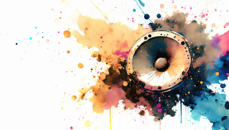 Music and sound theme showing a loudspeaker in multicolored vibrant splashy ambiance. AI generated image with lots of paint splashes, splatters and spotsの素材