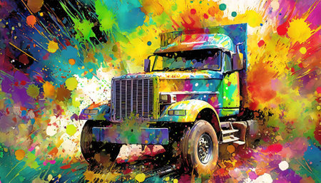 Automotive and transportation theme showing a truck in multicolored vibrant splashy ambiance. AI generated image with lots of paint splashes, splatter and spotsの素材