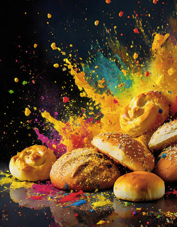 Food and bakery theme showing breads and rolls in multicolored vibrant splashy ambiance. AI generated image with lots of paint splashes, splatters and spotsの素材