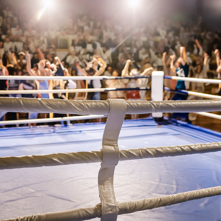 AI generated image showing a boxing scene with illuminated boxing ring and audienceの素材