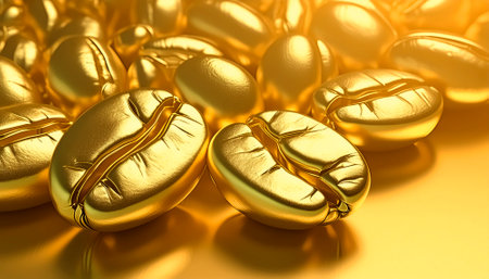 AI generated image showing golden coffee beans in shiny ambianceの素材