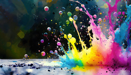 Fantasy, washing and chemical theme showing various bubbles in multicolored vibrant splashy ambiance. AI generated image with lots of paint splashes, splatters and spotsの素材