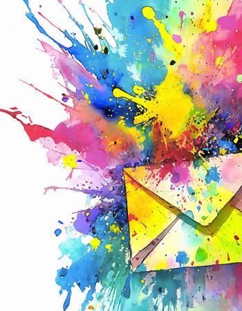 Messaging and conversation theme showing an envelope in multicolored vibrant splashy ambiance. AI generated image with lots of paint splashes, splatters and spotsの素材