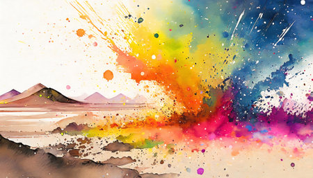 Environment and eruption theme showing in multicolored vibrant splashy ambiance. AI generated image with lots of paint splashes, splatter and spotsの素材