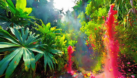 Natural conservation and tropical theme showing a dense jungle vegetation in multicolored vibrant splashy ambiance. AI generated image with lots of paint splashes, splatters and spotsの素材