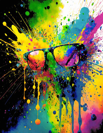 Eyewear and vision theme showing a pair of glasses in multicolored vibrant splashy ambiance. AI generated image with lots of paint splashes, splatters and spotsの素材