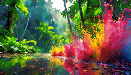 Natural conservation and tropical theme showing a dense jungle vegetation in multicolored vibrant splashy ambiance. AI generated image with lots of paint splashes, splatters and spotsの素材