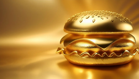 AI generated image showing a golden burger in shiny golden ambianceの素材