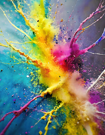 Neural theme showing some abstract nerve strings in multicolored vibrant splashy ambiance. AI generated image with lots of paint splashes, splatters and spotsの素材