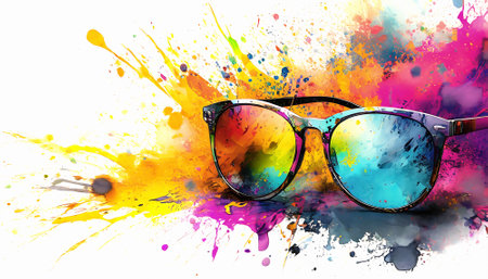 Eyewear and vision theme showing a pair of glasses in multicolored vibrant splashy ambiance. AI generated image with lots of paint splashes, splatters and spotsの素材