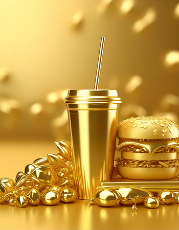 AI generated image showing a golden fast food arrangement in golden ambianceの素材