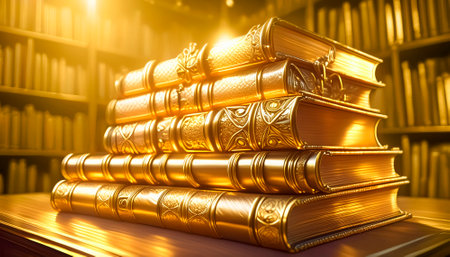 AI generated image showing some stacked golden books and others in golden ambianceの素材