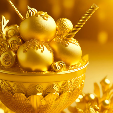 AI generated image showing a golden sundae in reflective golden ambianceの素材