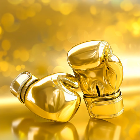 AI generated image showing a pair of golden boxing gloves in golden ambianceの素材