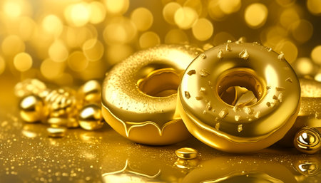 AI generated image showing golden doughnuts in golden ambianceの素材
