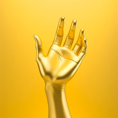 AI generated image showing a golden human hand in golden ambianceの素材
