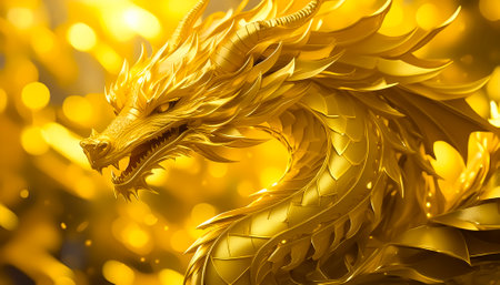 AI generated image showing a golden dragon portrait in golden ambianceの素材