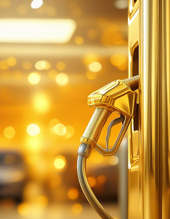 AI generated image showing a golden fuel dispenser in golden ambianceの素材