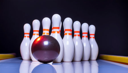 AI generated image showing a closeup bowling scene with ball and pinsの素材
