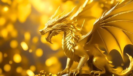 AI generated image showing a golden dragon in golden ambianceの素材
