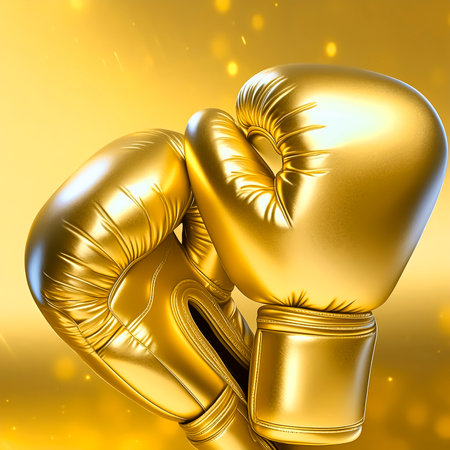 AI generated image showing a pair of golden boxing gloves in golden ambianceの素材