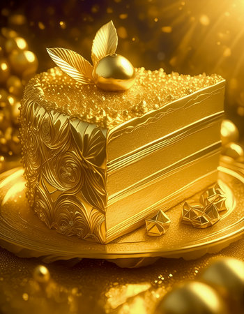 AI generated image showing a golden piece of cake in shiny ambianceの素材
