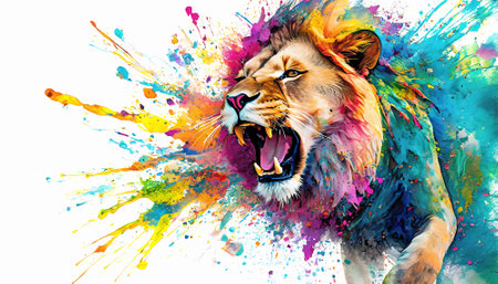 Animal and power theme showing a male roaring lion in multicolored vibrant splashy ambiance. AI generated image with lots of paint splashes, splatter and spotsの素材