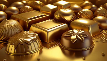 AI generated image showing a variation of golden pralines in shiny ambianceの素材