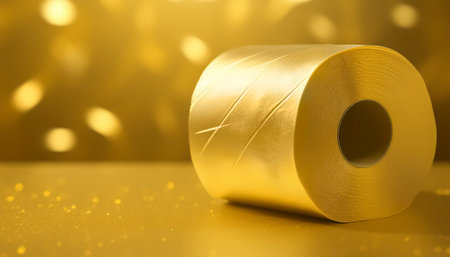 AI generated image showing a golden roll of toilet paper in golden ambianceの素材
