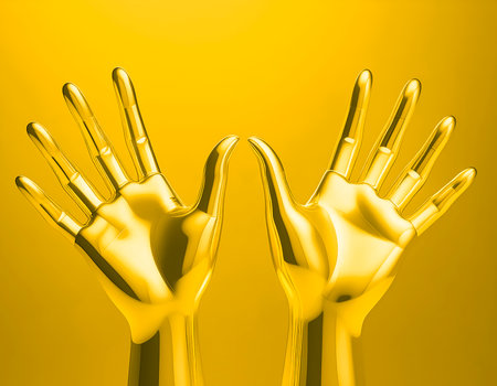 AI generated image showing a pair of golden human hands in golden ambiance