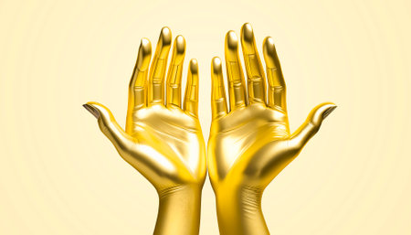 AI generated image showing a pair of golden human hands in light backの素材