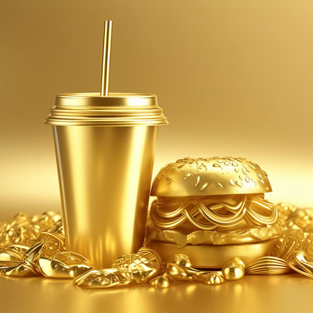 AI generated image showing a golden fast food arrangement in golden ambianceの素材