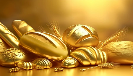 AI generated image showing various golden breads and bread rolls in golden ambianceの素材