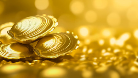 AI generated image showing some closed golden oysters in golden ambianceの素材