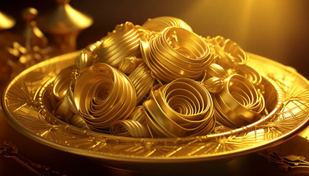 AI generated image showing a golden cup of noodles in shiny ambianceの素材