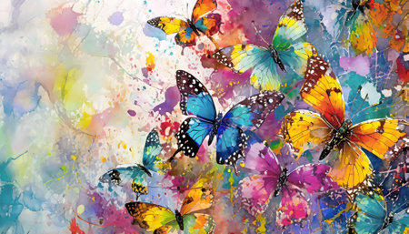 Beauty and animal theme showing lots of butterflies in multicolored vibrant splashy ambiance. AI generated image with lots of paint splashes, splatters and spotsの素材